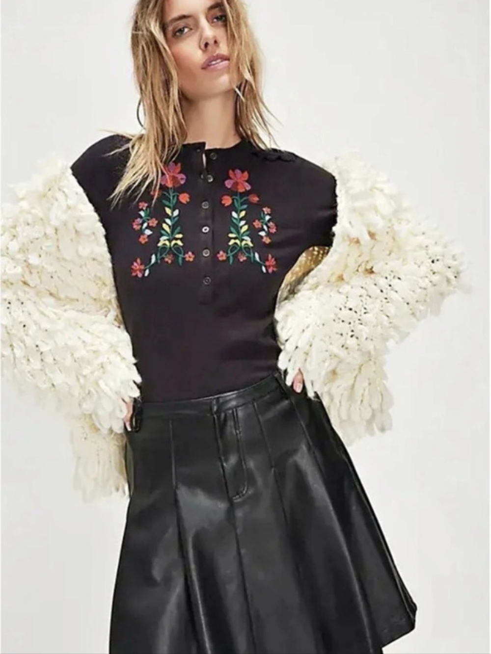 Free People Fleur Embroidered Cuff Henley Long Sleeve Top NWOT